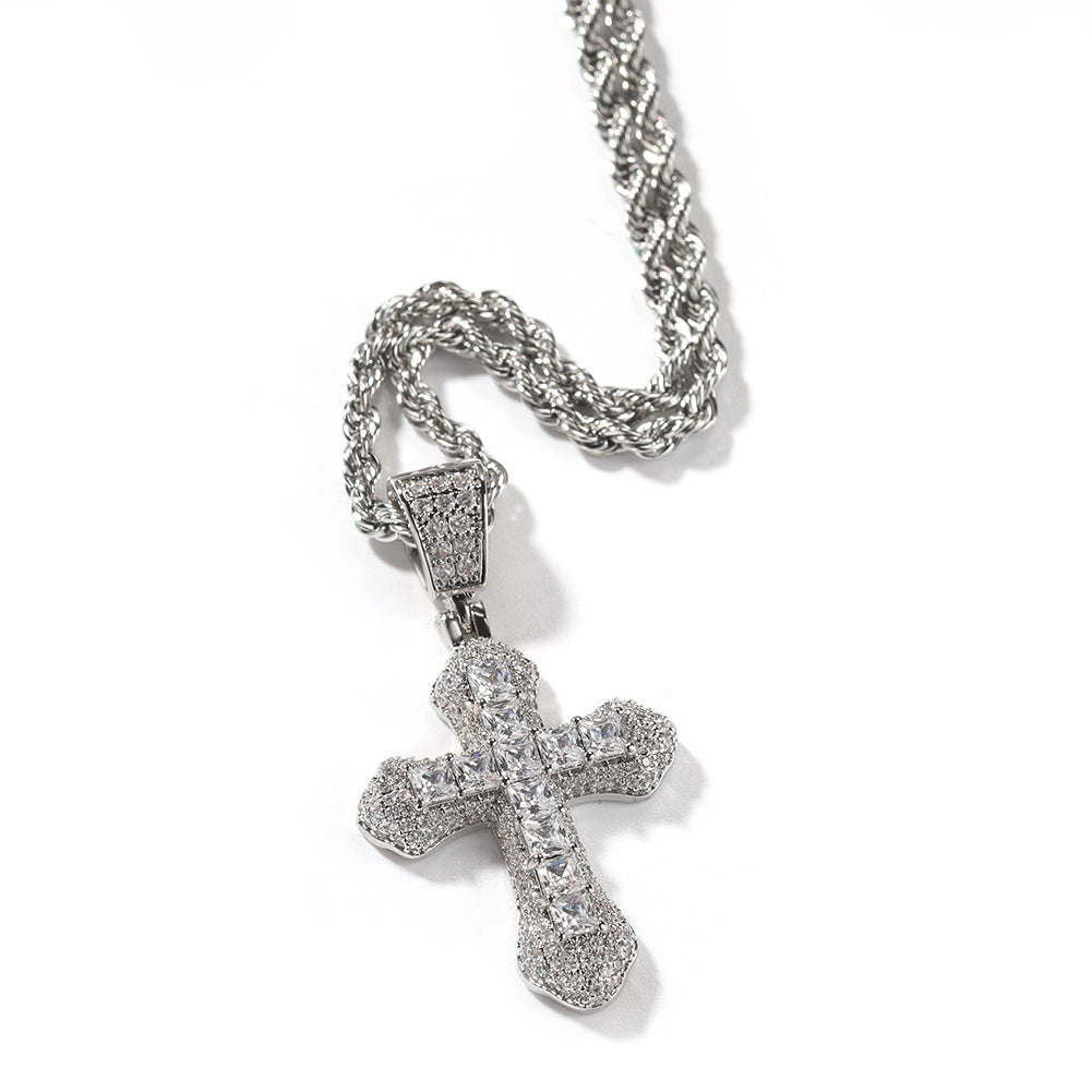 Twisted Chain Inlaid Imitation Diamond Religious Streetwear Pendant Hip-Hop Full-Diamond Cross Necklace