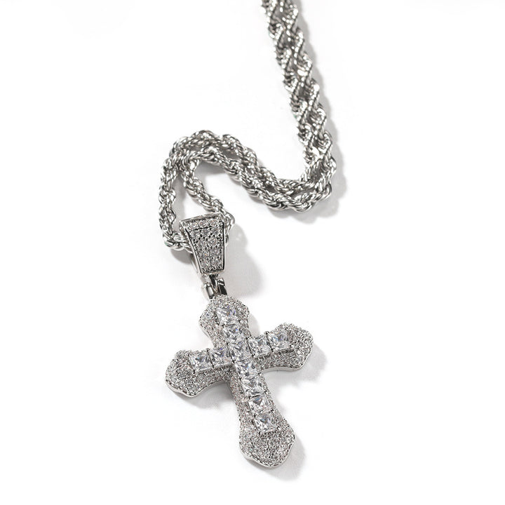 Twisted Chain Inlaid Imitation Diamond Religious Streetwear Pendant Hip-Hop Full-Diamond Cross Necklace