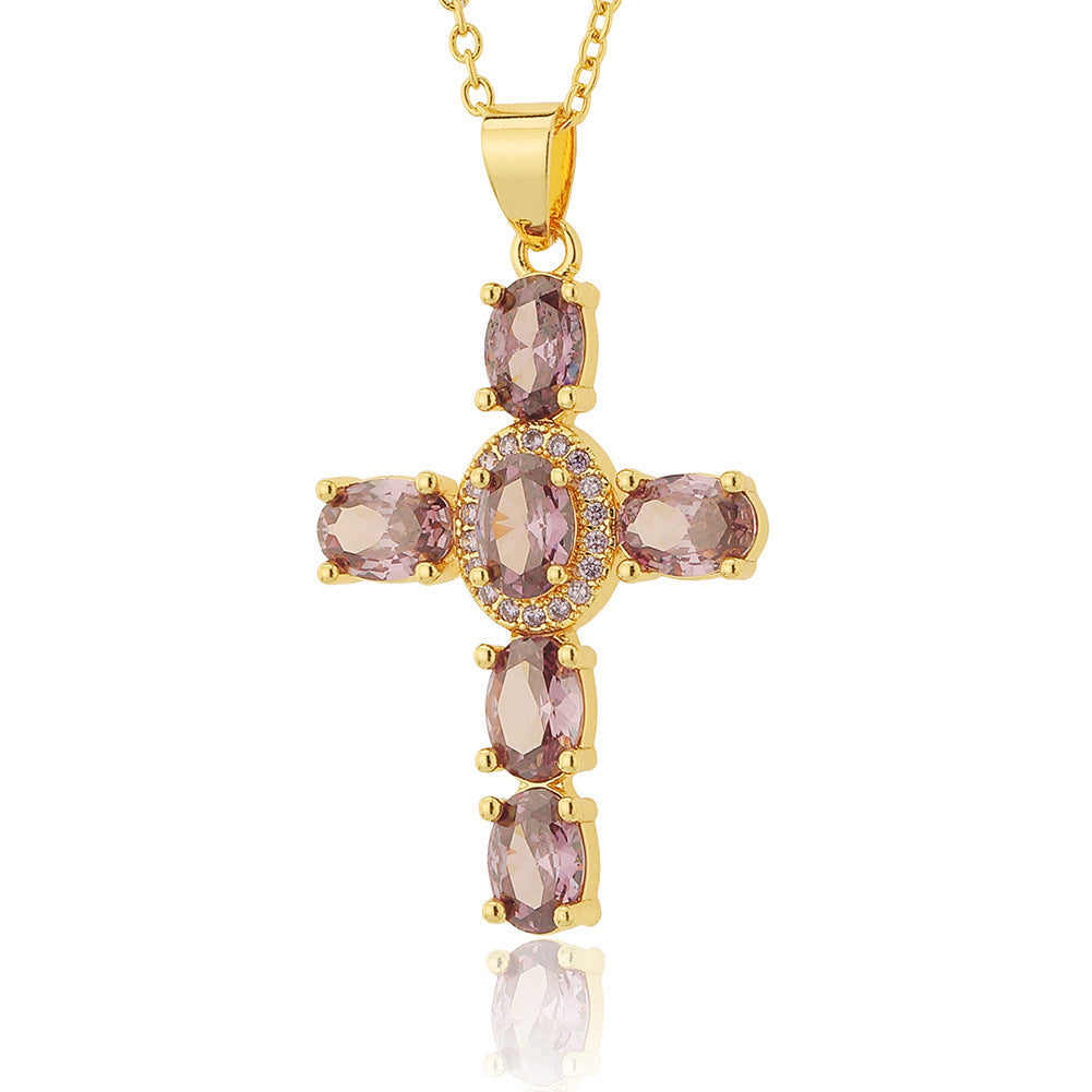 Gold-Plated Imitation Diamond Religious Pendant Luxurious Colored Gem Cross Necklace
