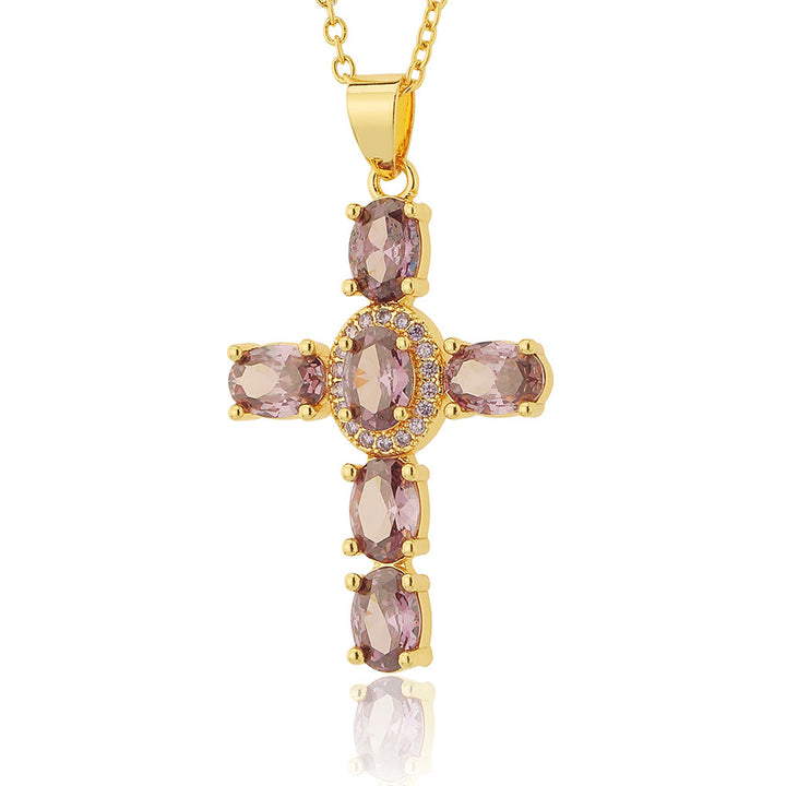 Gold-Plated Imitation Diamond Religious Pendant Luxurious Colored Gem Cross Necklace