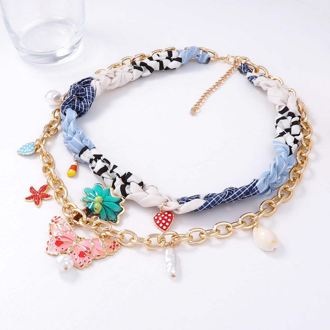 Braided double-layer printed pendant necklace