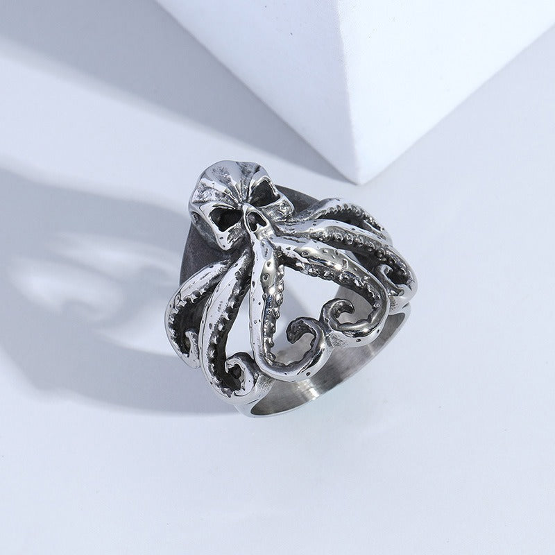 S925 Silver Cthulhu Octopus Skull Ring - Two-Tone Vintage Niche Dark Band