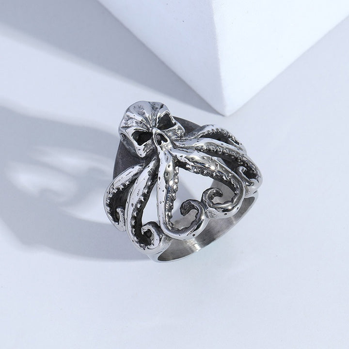 S925 Silver Cthulhu Octopus Skull Ring - Two-Tone Vintage Niche Dark Band