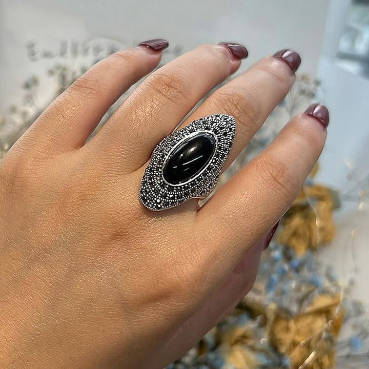 Black Onyx Silver Diamond Ring