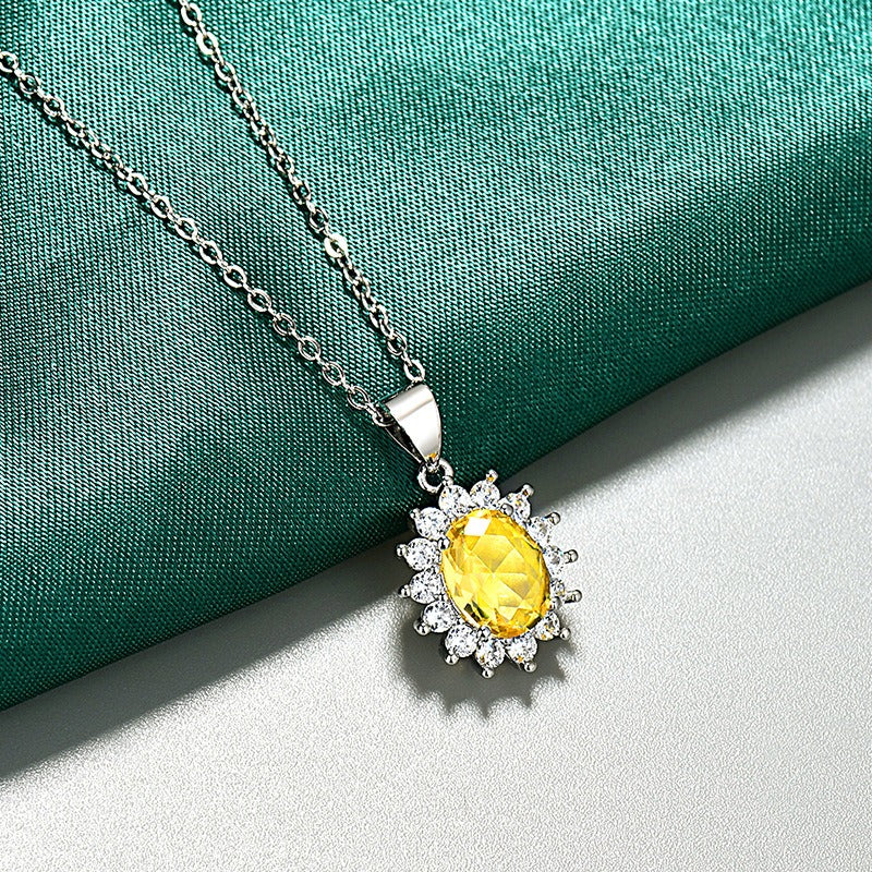 Colored Gem Sunflower Pendant Necklace Silver-Plated Full-Diamond Light Luxury Choker