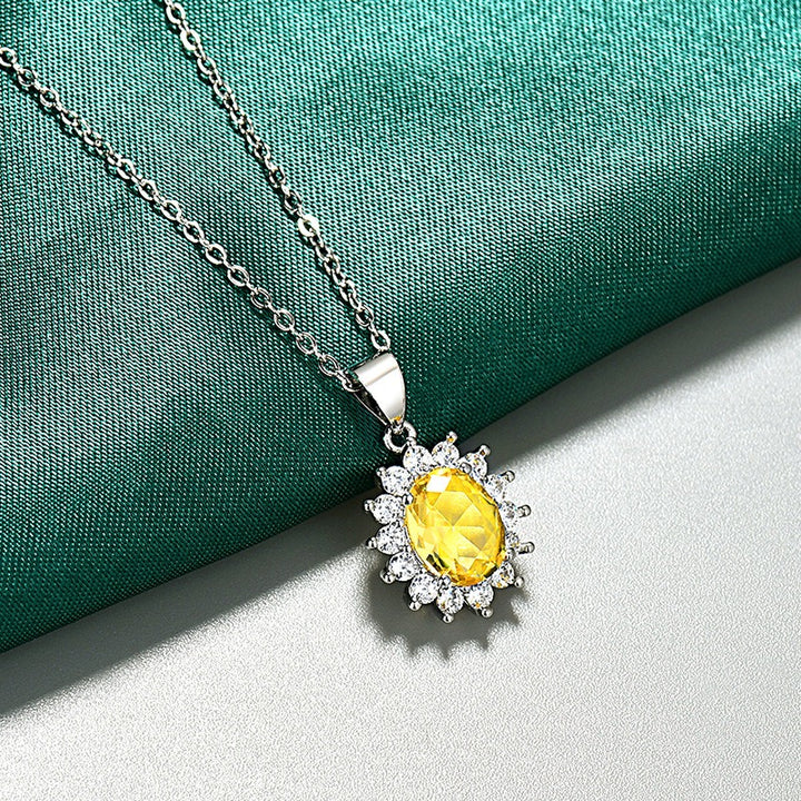Colored Gem Sunflower Pendant Necklace Silver-Plated Full-Diamond Light Luxury Choker