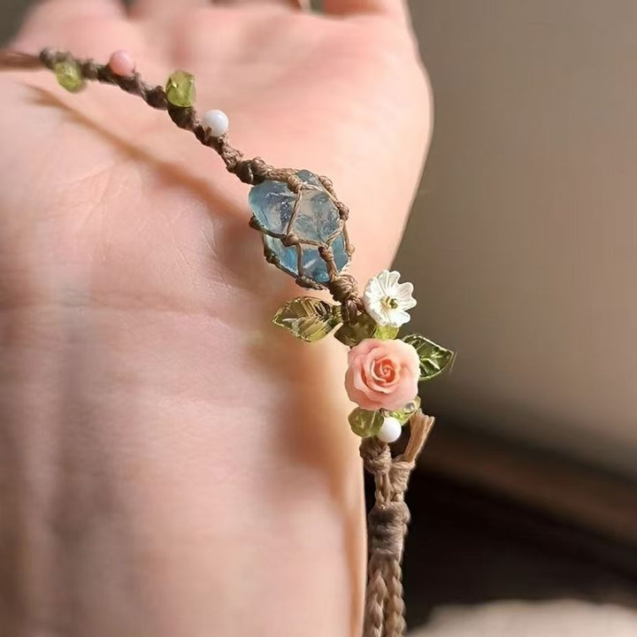 Natural Aquamarine Hand-Woven Bracelet Bohemian Forest Flower Retro Cord