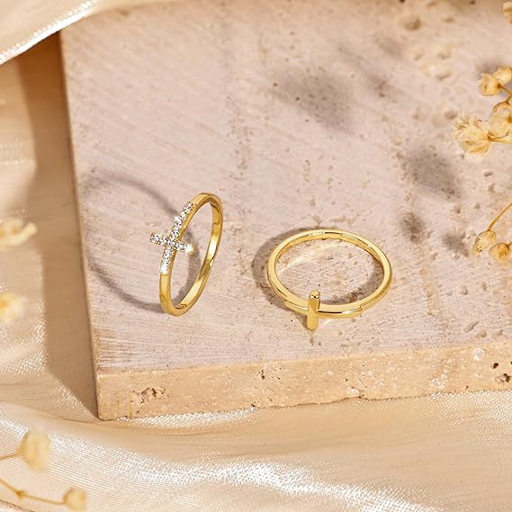 Gold Cross Ring Set - Plain & Diamond-Encrusted Religious Rings for Women, Minimalist Faith Jewelry