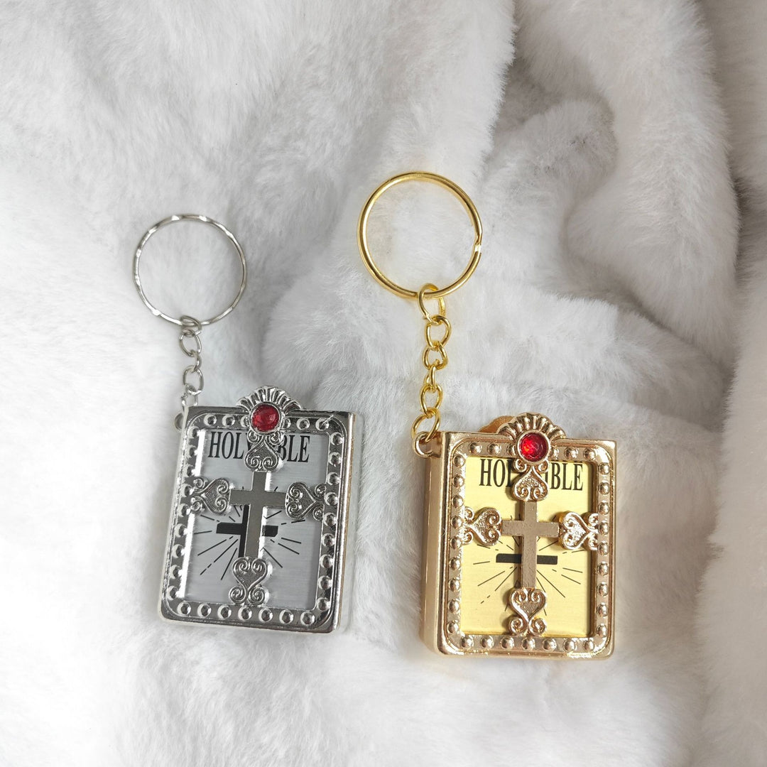 Vintage Holy Bible Cross Keychain | 3D Book Design Christian Key Ring | Metal Faith Charm