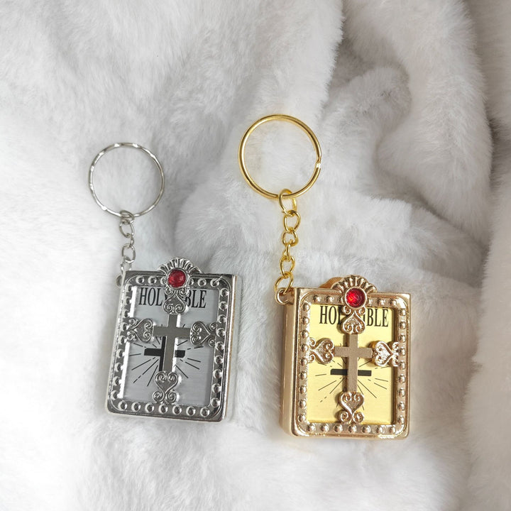 Vintage Holy Bible Cross Keychain | 3D Book Design Christian Key Ring | Metal Faith Charm