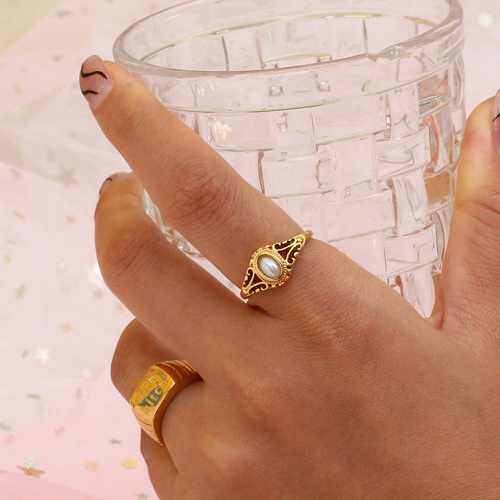 18K Gold Vintage Filigree Natural Pearl Ring