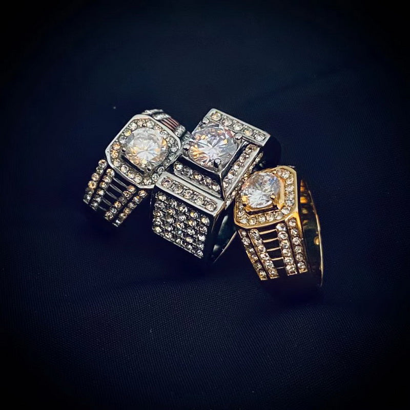 Gold and Silver Double Color Large Diamond Wide Edition Ring