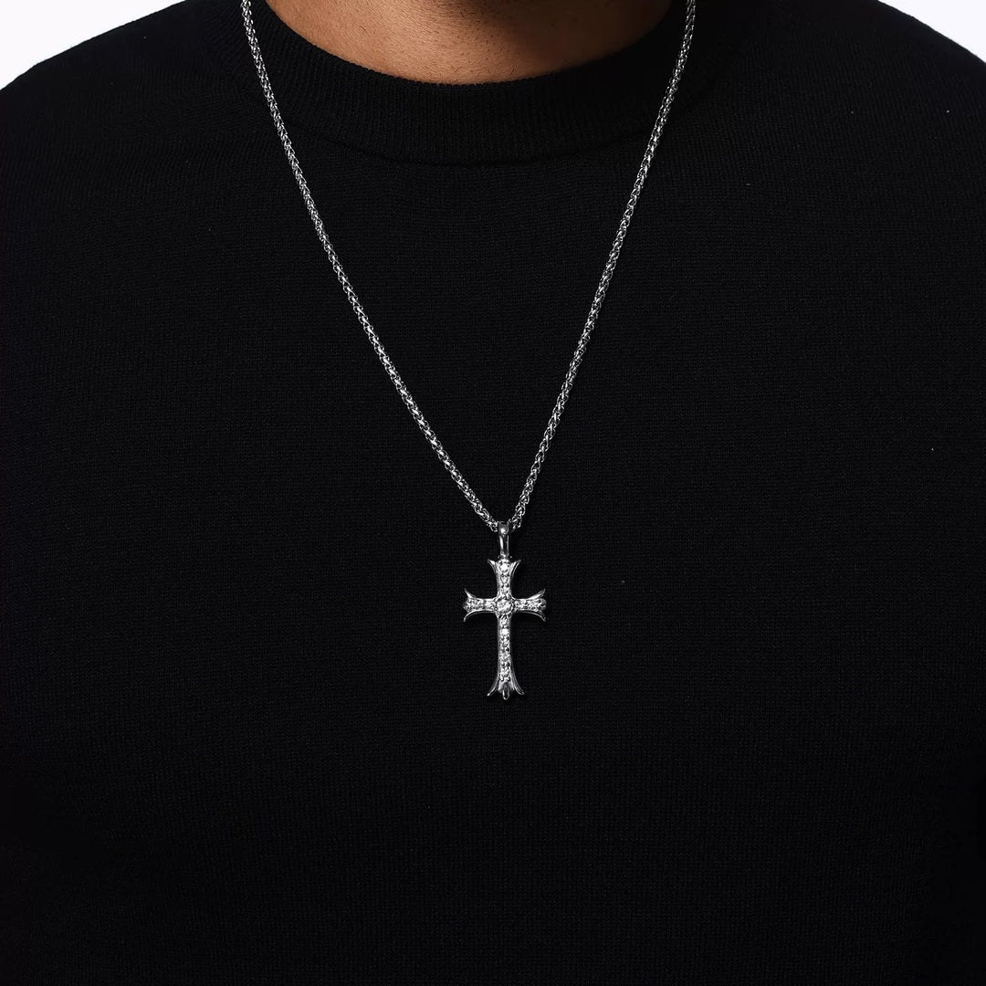 Silver diamond studded cross pendant necklace