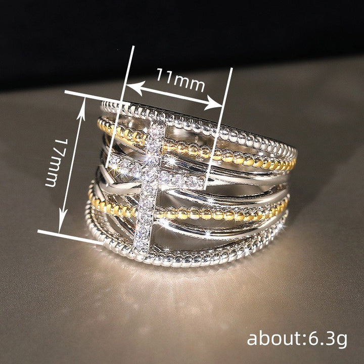 Two-Tone Interwoven Cross Ring | Silver & Gold Layered Design