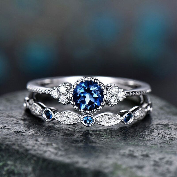 “Eternal Heart” Round Gemstone Ring Set | Stackable Double Ring Design with Halo Setting