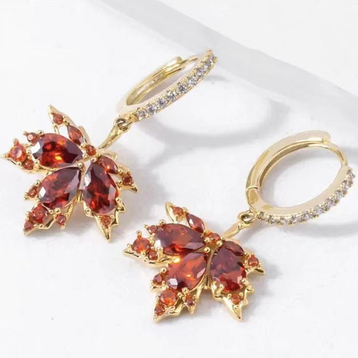 Light Luxury Colored Gemstone Maple Leaf Earrings - Gold Diamond-Encrusted Huggie Hoop Earrings for Women