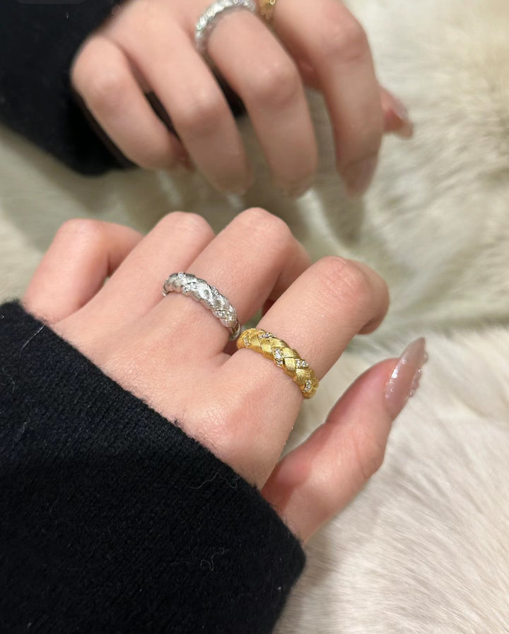 Feather Trace Handcrafted Texture Gold/Silver Diamond Open Ring