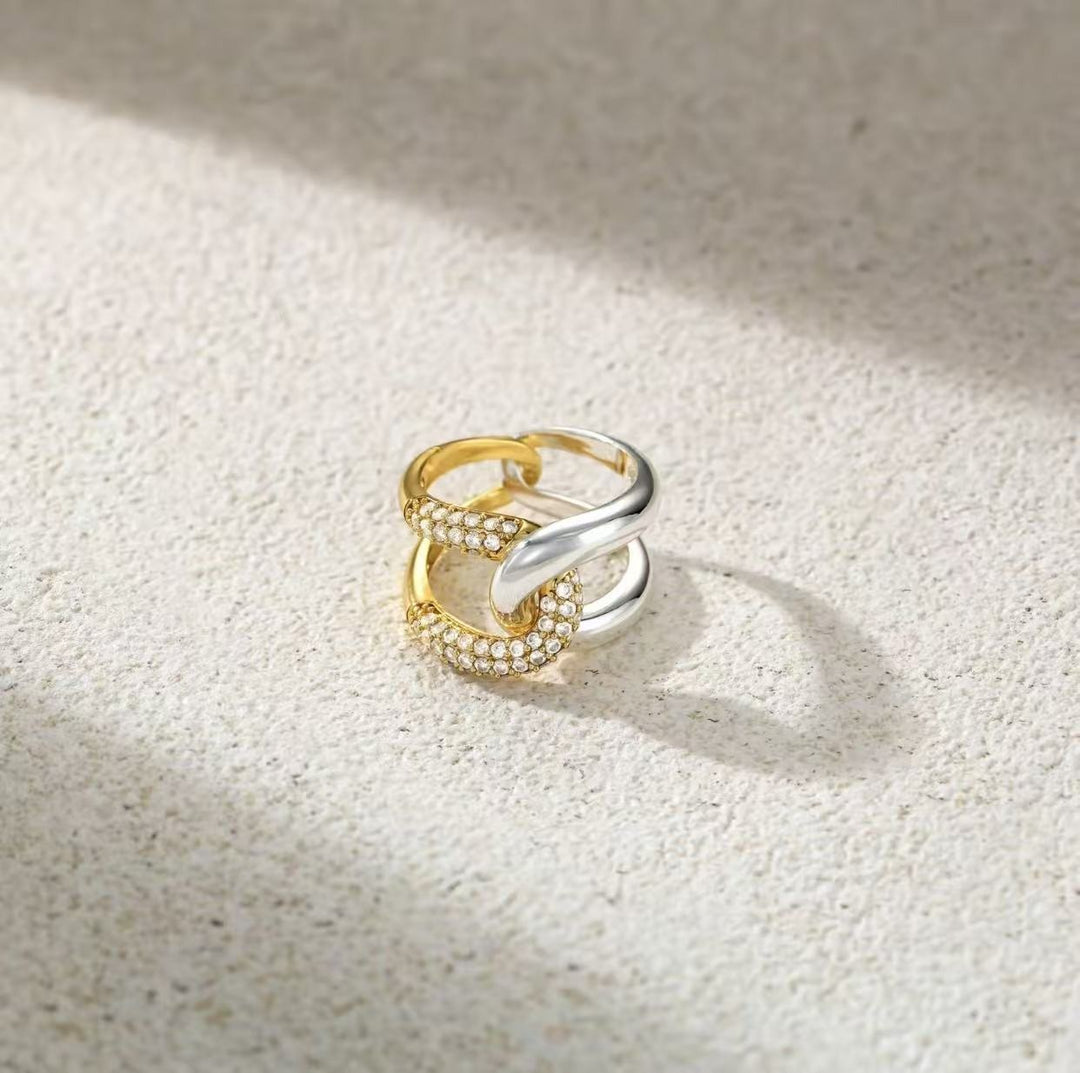 Intertwined Starburst Sterling Silver Diamond Double-Band Ring｜Two-Tone Texture for Daily Elegance