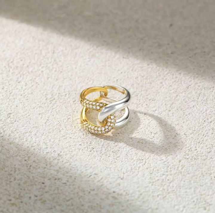 Intertwined Starburst Sterling Silver Diamond Double-Band Ring｜Two-Tone Texture for Daily Elegance
