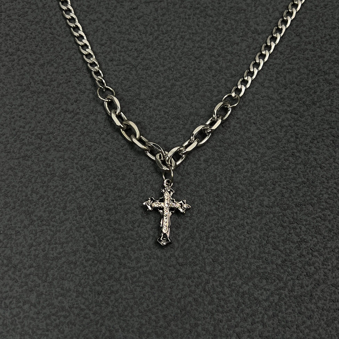 Vintage cross set diamond thick chain necklace