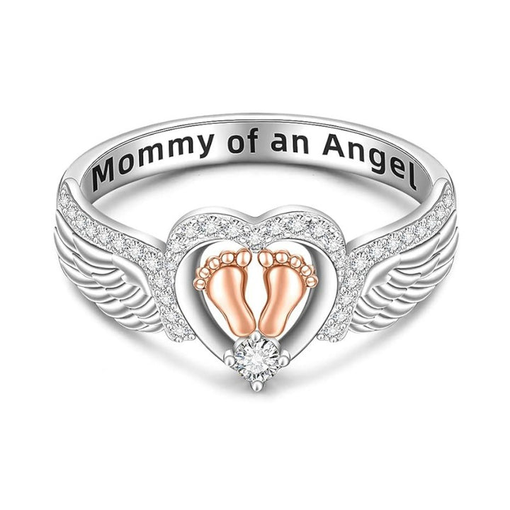 "Mommy of an Angel" Heart Footprint Wing Ring - Women's Memorial Light Luxury Diamond-Encrusted Accessory