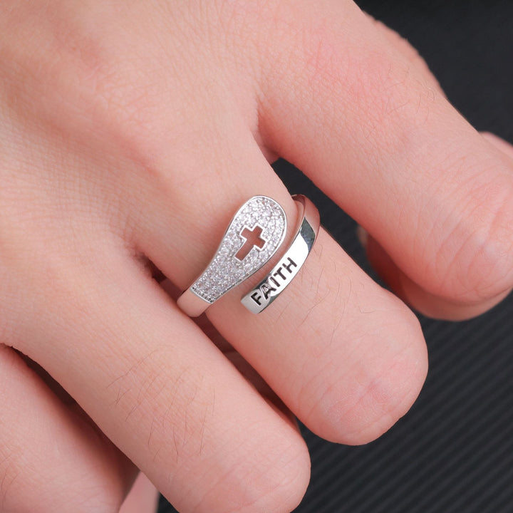S925 Silver Diamond-Studded Cross FAITH Ring - Women's Light Luxury Religious Style High-End Jewelry