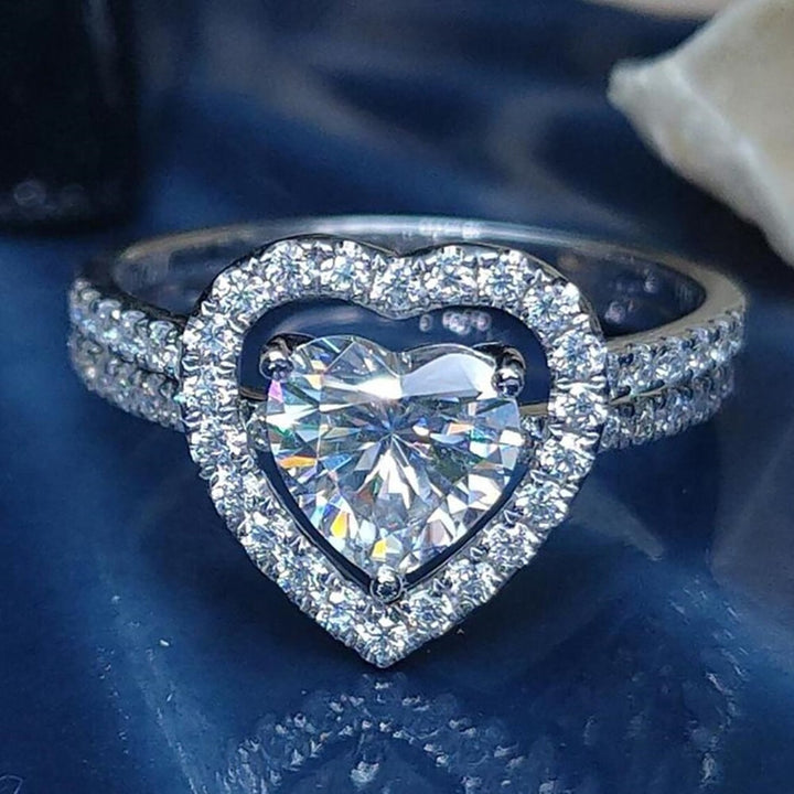 S925 Sterling Silver Plated White Gold Heart-Shaped Full Diamond Double-Layer Ring