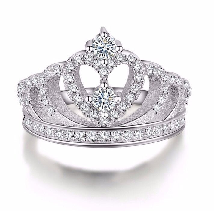 Light Luxury Full-Diamond Crown Ring - S925 Silver White Gold/Rose Gold Princess Band