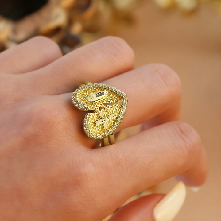 18K Gold-Plated Split Heart Religious Ring - Cross & Virgin Mary Diamond-Paved Couple Matching Ring