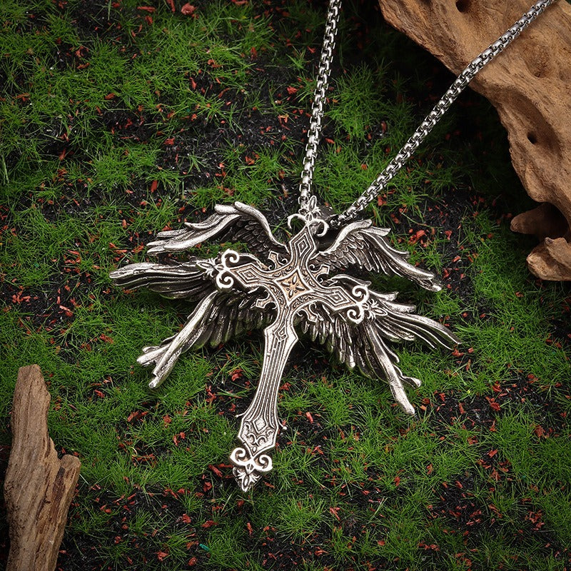 S925 Silver Antique Finish Dark Winged Cross Necklace - Retro Religious Style Unisex Niche Pendant Jewelry