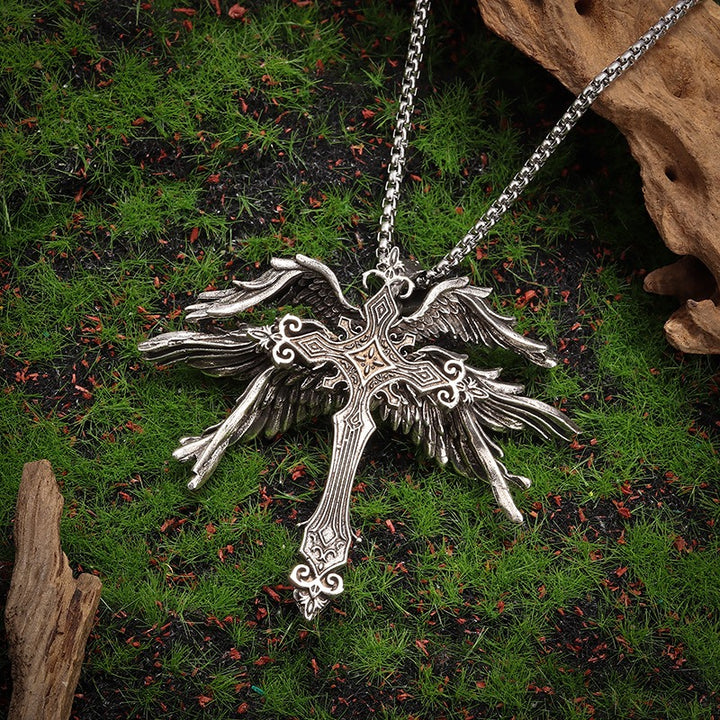 S925 Silver Antique Finish Dark Winged Cross Necklace - Retro Religious Style Unisex Niche Pendant Jewelry