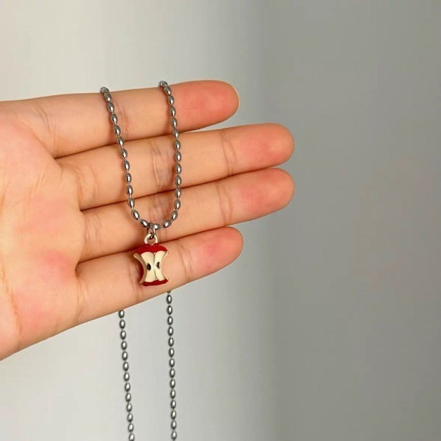 S925 Silver Enamel Cute Bitten Apple Pendant Necklace