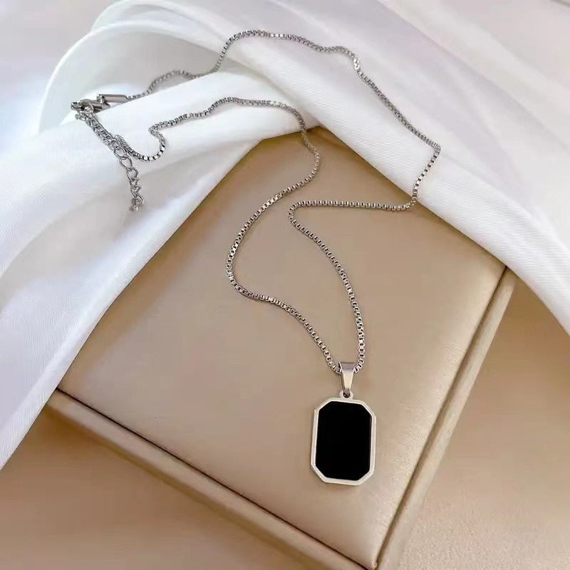 Dual-Color Geometric Gemstone Pendant Necklace - Titanium Steel Light Luxury Niche Choker European