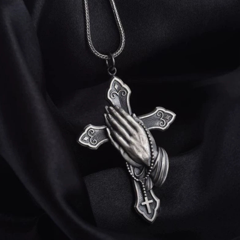 Vintage Praying Hands Cross Necklace