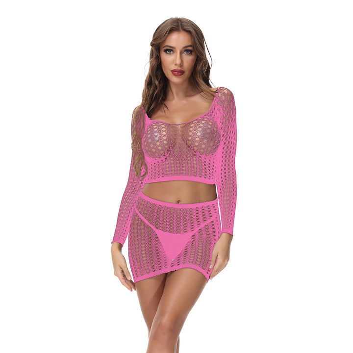 Fishnet Long-Sleeve Crop Top & Mini Skirt Set