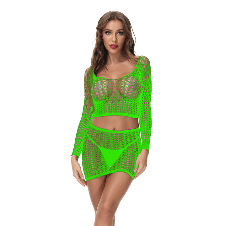 Fishnet Long-Sleeve Crop Top & Mini Skirt Set