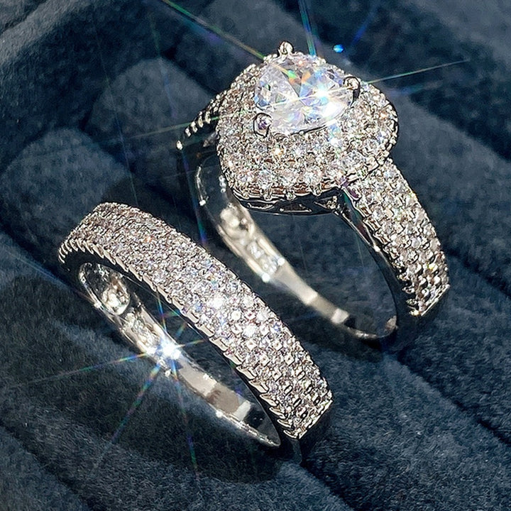 Heart Diamond Luxury S925 Sterling Silver Paved Heart Ring Set