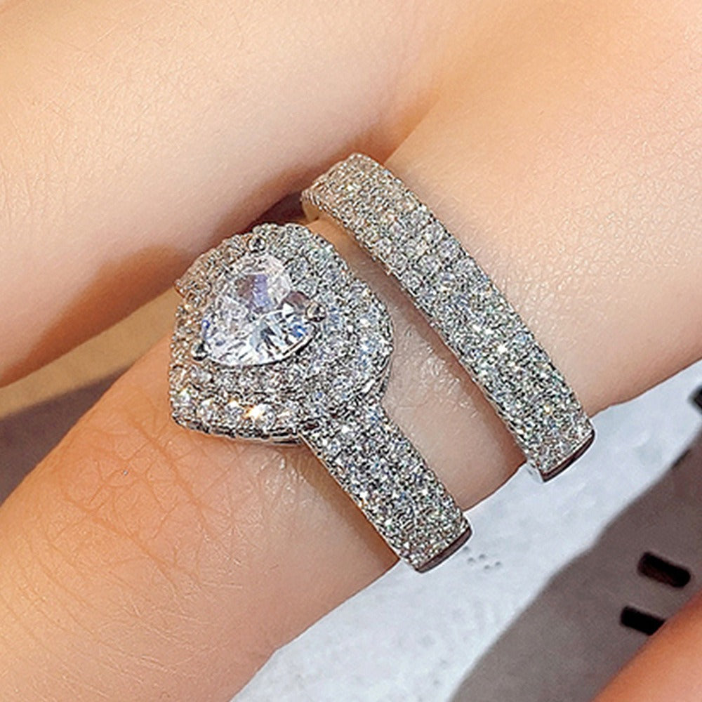Heart Diamond Luxury S925 Sterling Silver Paved Heart Ring Set