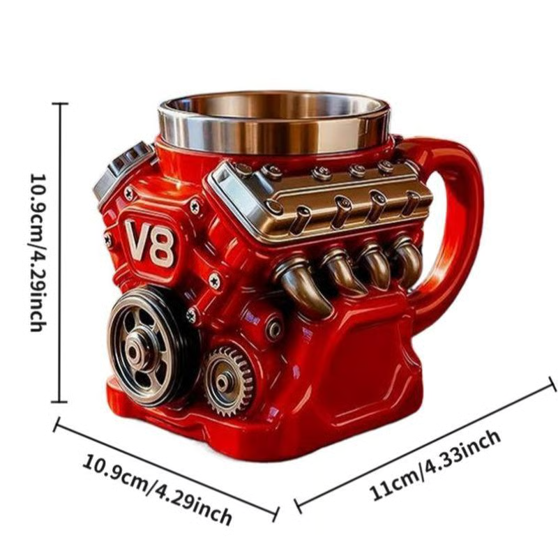 Engine-Themed Coffee Mug, Realistic V8 Engine Stainless Steel Mug