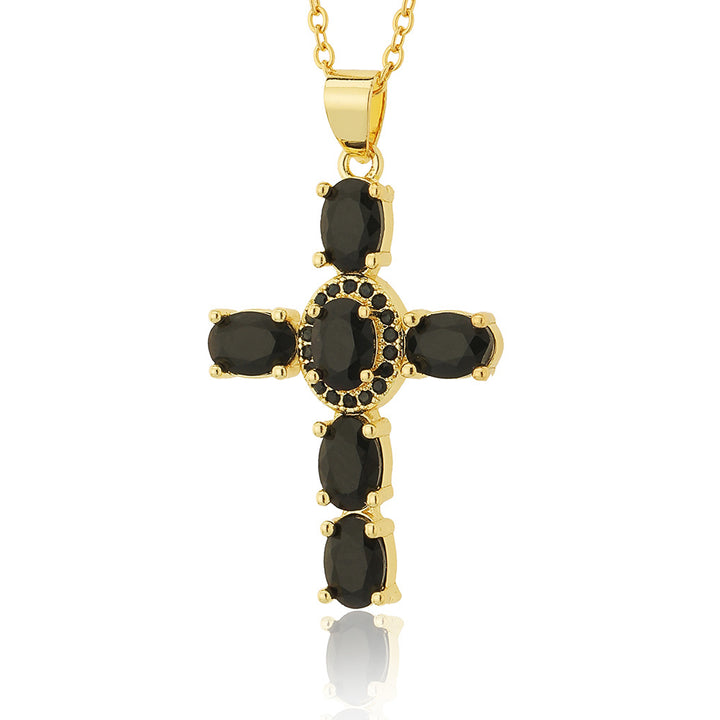 Gold-Plated Imitation Diamond Religious Pendant Luxurious Colored Gem Cross Necklace