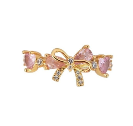 Light Luxury Bowknot Pink Diamond Ring - Gold/Silver Two-Color Women's Band