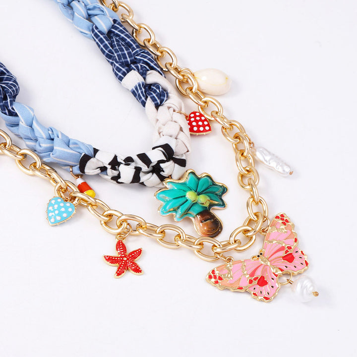 Braided double-layer printed pendant necklace