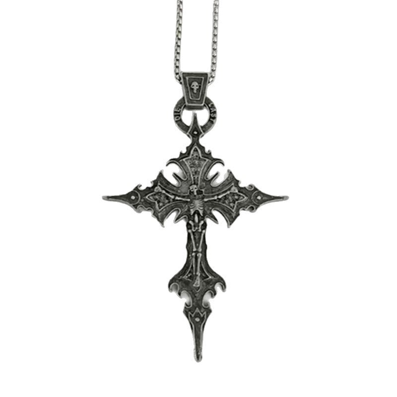 S925 Silver Antique Finish Dark Winged Cross Necklace - Retro Religious Style Unisex Niche Pendant Jewelry
