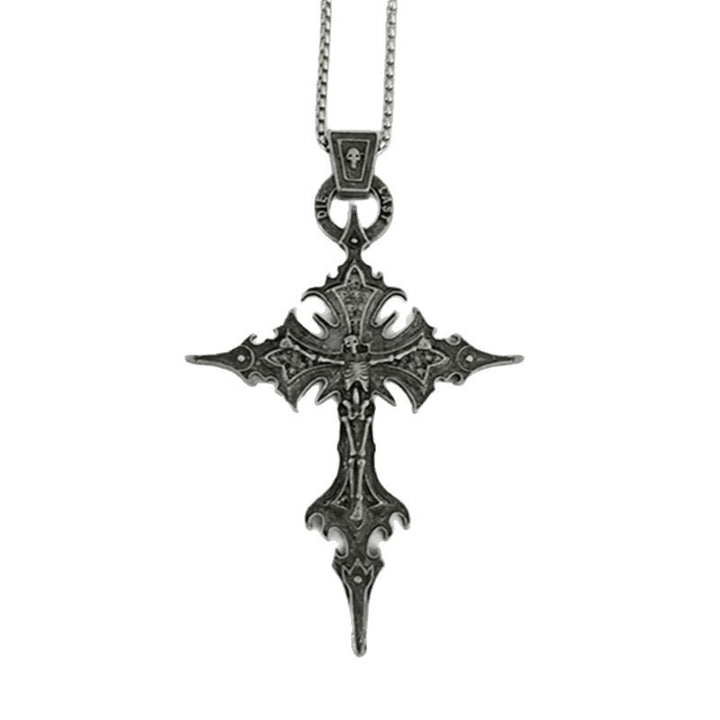 S925 Silver Antique Finish Dark Winged Cross Necklace - Retro Religious Style Unisex Niche Pendant Jewelry