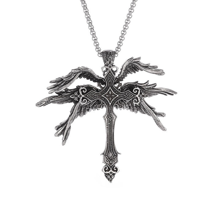 S925 Silver Antique Finish Dark Winged Cross Necklace - Retro Religious Style Unisex Niche Pendant Jewelry