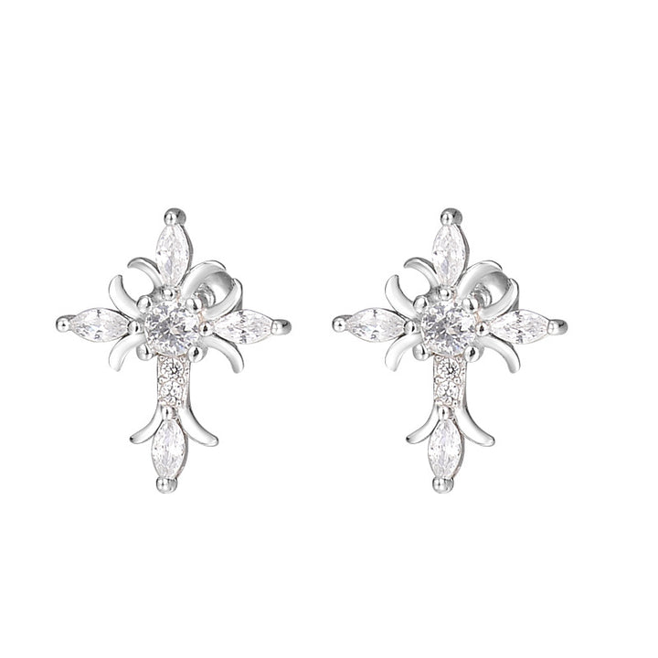 Silver Full-Diamond Cross Earrings