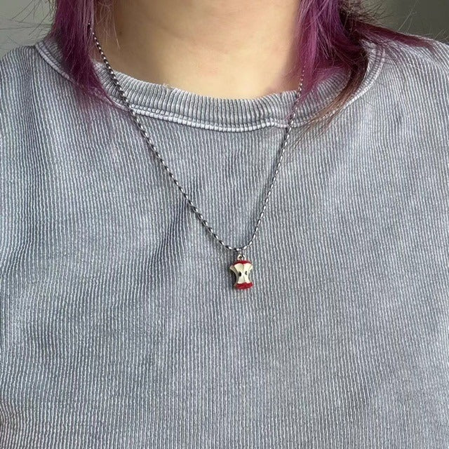 S925 Silver Enamel Cute Bitten Apple Pendant Necklace