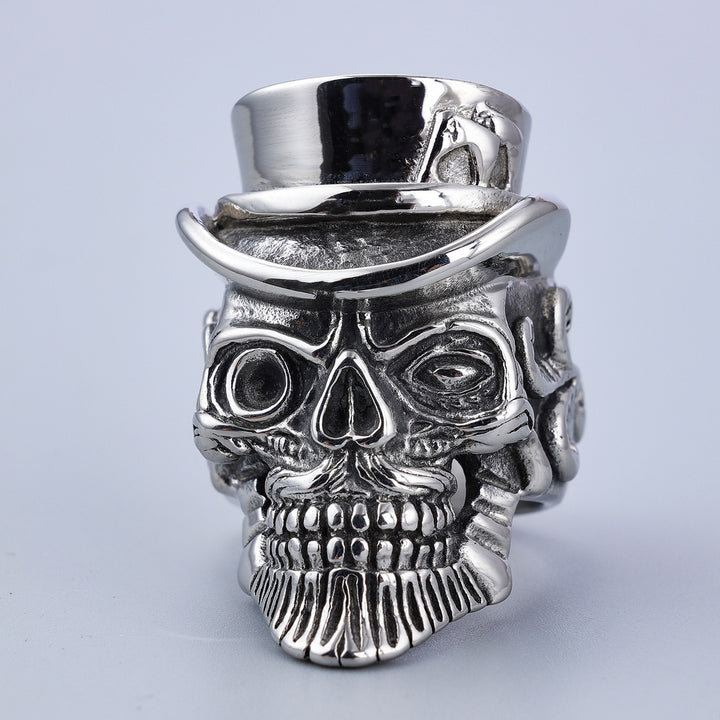 Vintage Silver Gentleman Skull Top Hat Ring 3D Carved Dark-Style Statement Band