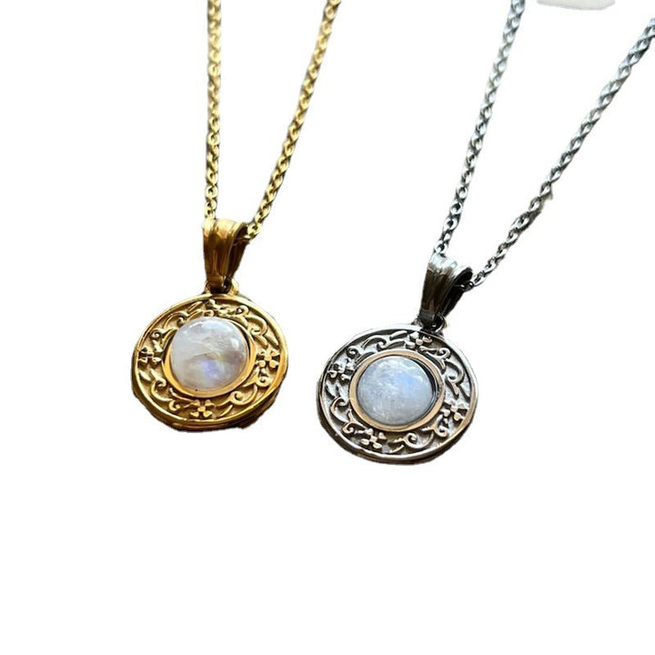 S925 Silver Plated 18K Gold Light Luxury Couple Dual-Color Moonstone Engraved Disk Necklace