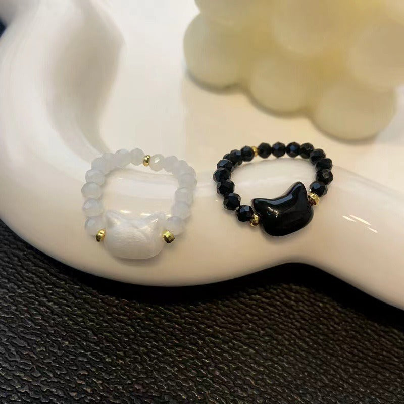 Cute Cat Face Pearl Beaded Ring - Color Crystal Niche Sweet-Cool Band European